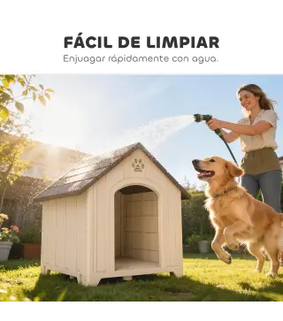 Caseta para Perros Exterior Casa para Perros Grandes de Plástico con 2 Ventanas Base Elevada Estacas Beige