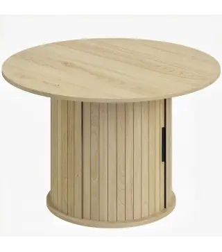Mesa de centro redonda, mesa de salón con almacenamiento, puerta corredera de listones, 2 estantes, efecto madera natural