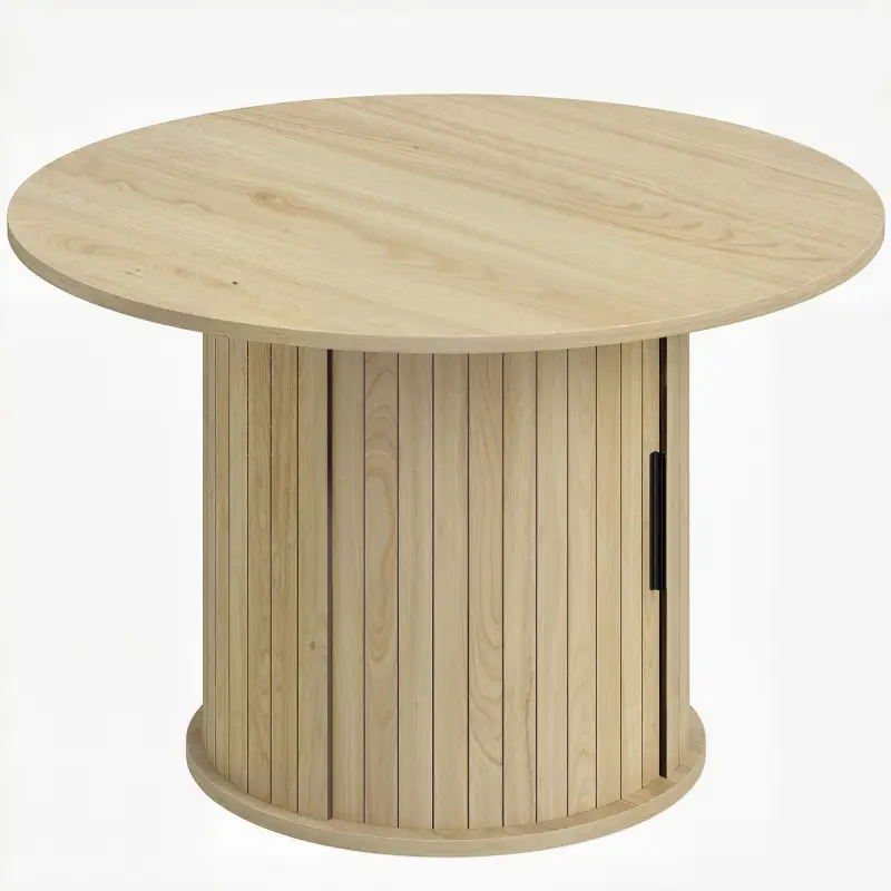 Mesa de centro redonda, mesa de salón con almacenamiento, puerta corredera de listones, 2 estantes, efecto madera natural