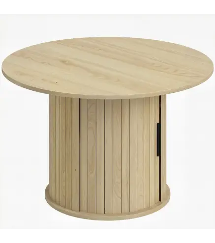 Mesa de centro redonda, mesa de salón con almacenamiento, puerta corredera de listones, 2 estantes, efecto madera natural