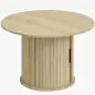 Mesa de centro redonda, mesa de salón con almacenamiento, puerta corredera de listones, 2 estantes, efecto madera natural