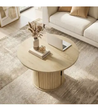 Mesa de centro redonda, mesa de salón con almacenamiento, puerta corredera de listones, 2 estantes, efecto madera natural