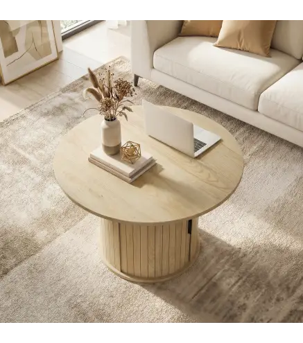 Mesa de centro redonda, mesa de salón con almacenamiento, puerta corredera de listones, 2 estantes, efecto madera natural