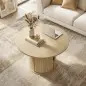 Mesa de centro redonda, mesa de salón con almacenamiento, puerta corredera de listones, 2 estantes, efecto madera natural