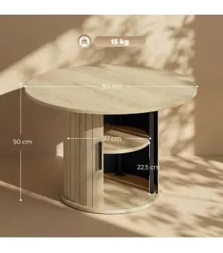 Mesa de centro redonda, mesa de salón con almacenamiento, puerta corredera de listones, 2 estantes, efecto madera natural