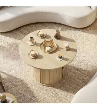 Mesa de centro redonda, mesa de salón con almacenamiento, puerta corredera de listones, 2 estantes, efecto madera natural