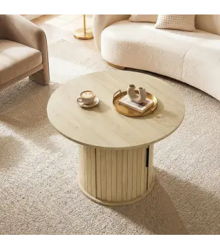 Mesa de centro redonda, mesa de salón con almacenamiento, puerta corredera de listones, 2 estantes, efecto madera natural