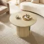 Mesa de centro redonda, mesa de salón con almacenamiento, puerta corredera de listones, 2 estantes, efecto madera natural