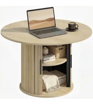Mesa de centro redonda, mesa de salón con almacenamiento, puerta corredera de listones, 2 estantes, efecto madera natural
