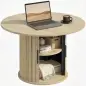 Mesa de centro redonda, mesa de salón con almacenamiento, puerta corredera de listones, 2 estantes, efecto madera natural