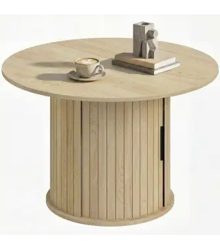 Mesa de centro redonda, mesa de salón con almacenamiento, puerta corredera de listones, 2 estantes, efecto madera natural