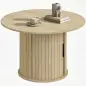 Mesa de centro redonda, mesa de salón con almacenamiento, puerta corredera de listones, 2 estantes, efecto madera natural