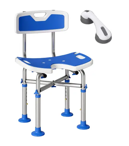 Silla Ducha Personas Mayores Antideslizante con Respaldo Altura Ajustable Soporte para Alcachofa Carga 150 kg Azul