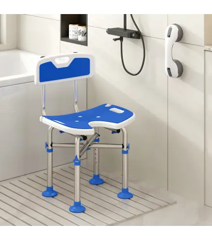 Silla Ducha Personas Mayores Antideslizante con Respaldo Altura Ajustable Soporte para Alcachofa Carga 150 kg Azul