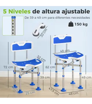Silla Ducha Personas Mayores Antideslizante con Respaldo Altura Ajustable Soporte para Alcachofa Carga 150 kg Azul