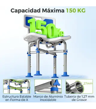 Silla Ducha Personas Mayores Antideslizante con Respaldo Altura Ajustable Soporte para Alcachofa Carga 150 kg Azul