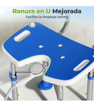 Silla Ducha Personas Mayores Antideslizante con Respaldo Altura Ajustable Soporte para Alcachofa Carga 150 kg Azul