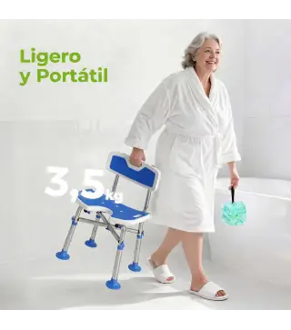Silla Ducha Personas Mayores Antideslizante con Respaldo Altura Ajustable Soporte para Alcachofa Carga 150 kg Azul