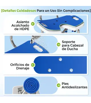 Silla Ducha Personas Mayores Antideslizante con Respaldo Altura Ajustable Soporte para Alcachofa Carga 150 kg Azul