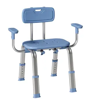 Taburete de ducha ergonómico con reposabrazos y respaldo, asiento y altura ajustables, azul