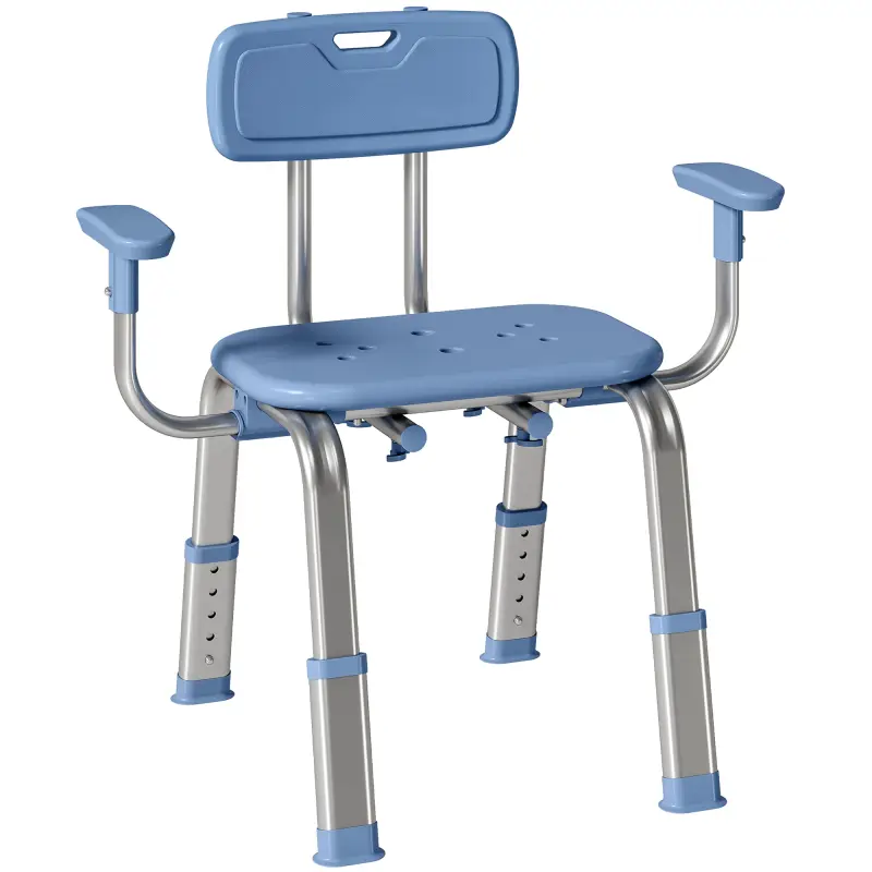 Taburete de ducha ergonómico con reposabrazos y respaldo, asiento y altura ajustables, azul