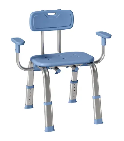 Taburete de ducha ergonómico con reposabrazos y respaldo, asiento y altura ajustables, azul