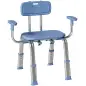 Taburete de ducha ergonómico con reposabrazos y respaldo, asiento y altura ajustables, azul