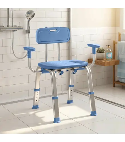 Taburete de ducha ergonómico con reposabrazos y respaldo, asiento y altura ajustables, azul
