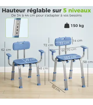 Taburete de ducha ergonómico con reposabrazos y respaldo, asiento y altura ajustables, azul