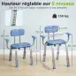Taburete de ducha ergonómico con reposabrazos y respaldo, asiento y altura ajustables, azul