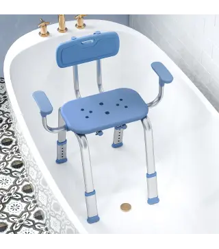 Taburete de ducha ergonómico con reposabrazos y respaldo, asiento y altura ajustables, azul