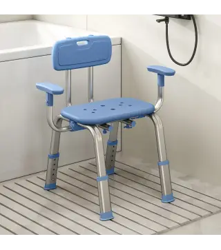 Taburete de ducha ergonómico con reposabrazos y respaldo, asiento y altura ajustables, azul