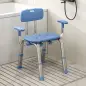 Taburete de ducha ergonómico con reposabrazos y respaldo, asiento y altura ajustables, azul