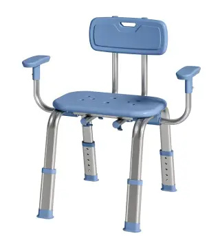 Taburete de ducha ergonómico con reposabrazos y respaldo, asiento y altura ajustables, azul