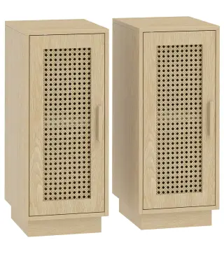Conjunto de 2 Mesitas de Noche con Puerta de Ratán, Mesillas de Noche Estilo Boho Estante Ajustable Natural