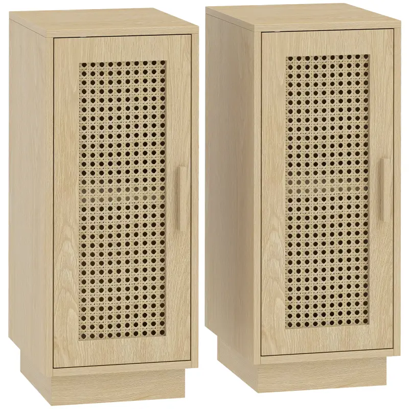 Conjunto de 2 Mesitas de Noche con Puerta de Ratán, Mesillas de Noche Estilo Boho Estante Ajustable Natural