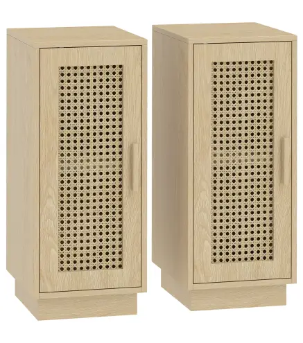 Conjunto de 2 Mesitas de Noche con Puerta de Ratán, Mesillas de Noche Estilo Boho Estante Ajustable Natural