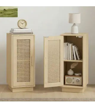 Conjunto de 2 Mesitas de Noche con Puerta de Ratán, Mesillas de Noche Estilo Boho Estante Ajustable Natural