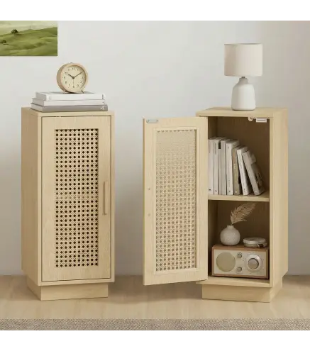 Conjunto de 2 Mesitas de Noche con Puerta de Ratán, Mesillas de Noche Estilo Boho Estante Ajustable Natural