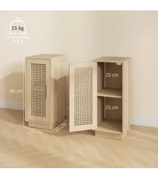 Conjunto de 2 Mesitas de Noche con Puerta de Ratán, Mesillas de Noche Estilo Boho Estante Ajustable Natural