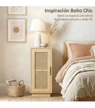 Conjunto de 2 Mesitas de Noche con Puerta de Ratán, Mesillas de Noche Estilo Boho Estante Ajustable Natural