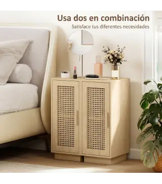 Conjunto de 2 Mesitas de Noche con Puerta de Ratán, Mesillas de Noche Estilo Boho Estante Ajustable Natural