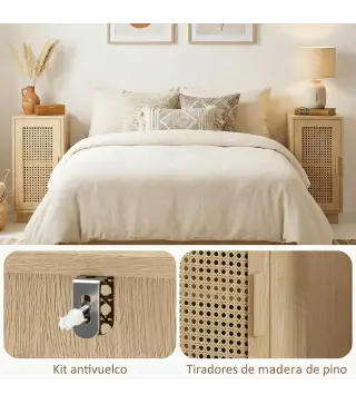 Conjunto de 2 Mesitas de Noche con Puerta de Ratán, Mesillas de Noche Estilo Boho Estante Ajustable Natural