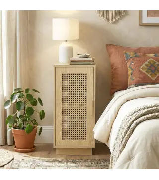 Conjunto de 2 Mesitas de Noche con Puerta de Ratán, Mesillas de Noche Estilo Boho Estante Ajustable Natural