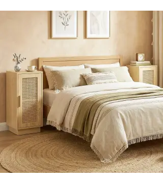 Conjunto de 2 Mesitas de Noche con Puerta de Ratán, Mesillas de Noche Estilo Boho Estante Ajustable Natural