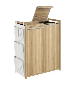 Cesto de Ropa Sucia de Bambú con Tapa 120L con 2 Bolsas con Cordón Extraíbles y Lavables Bolsillos Laterales Natural