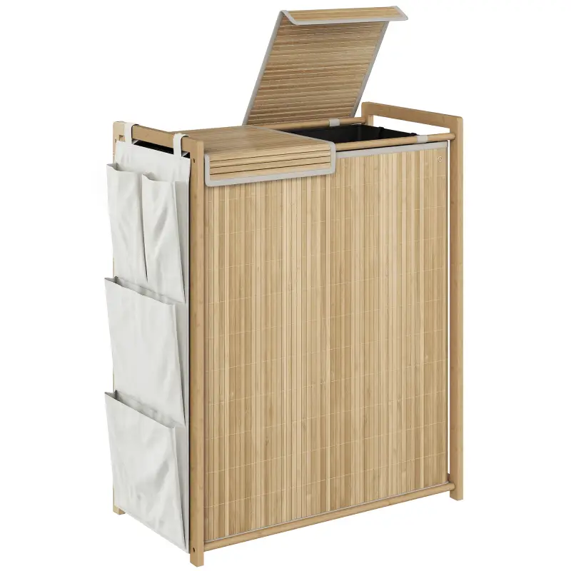 Cesto de Ropa Sucia de Bambú con Tapa 120L con 2 Bolsas con Cordón Extraíbles y Lavables Bolsillos Laterales Natural