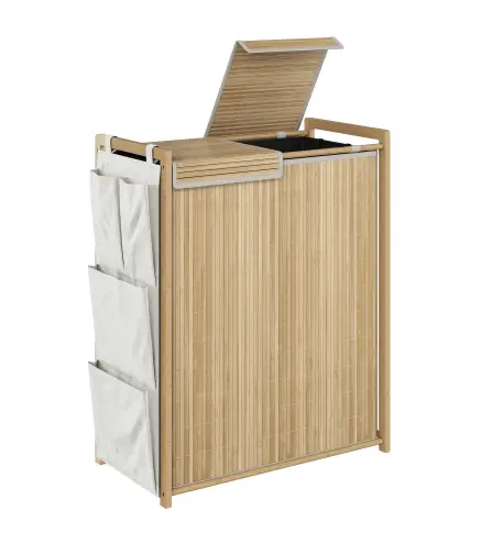 Cesto de Ropa Sucia de Bambú con Tapa 120L con 2 Bolsas con Cordón Extraíbles y Lavables Bolsillos Laterales Natural