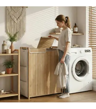 Cesto de Ropa Sucia de Bambú con Tapa 120L con 2 Bolsas con Cordón Extraíbles y Lavables Bolsillos Laterales Natural