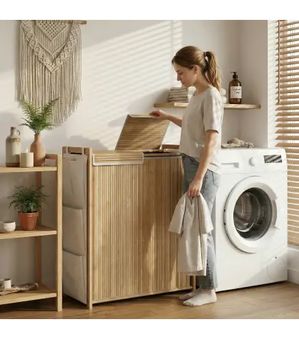 Cesto de Ropa Sucia de Bambú con Tapa 120L con 2 Bolsas con Cordón Extraíbles y Lavables Bolsillos Laterales Natural